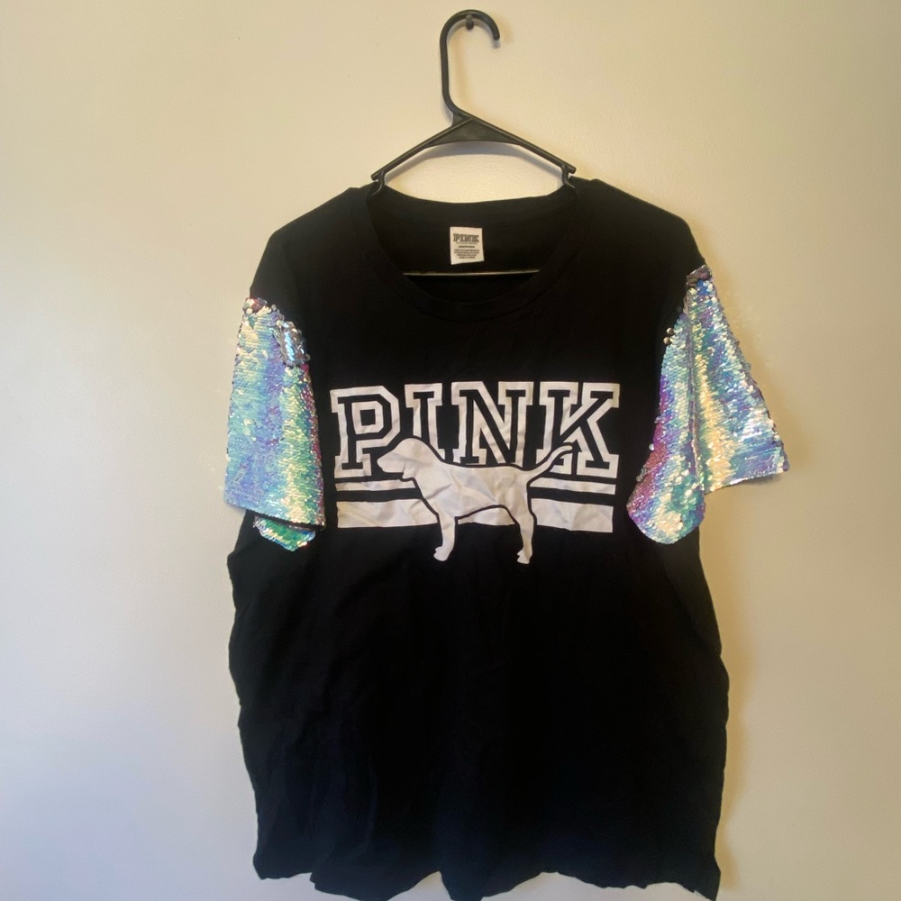 PINK Victoria's Secret Black and Iridescent Sequin Women’s T-Shirt